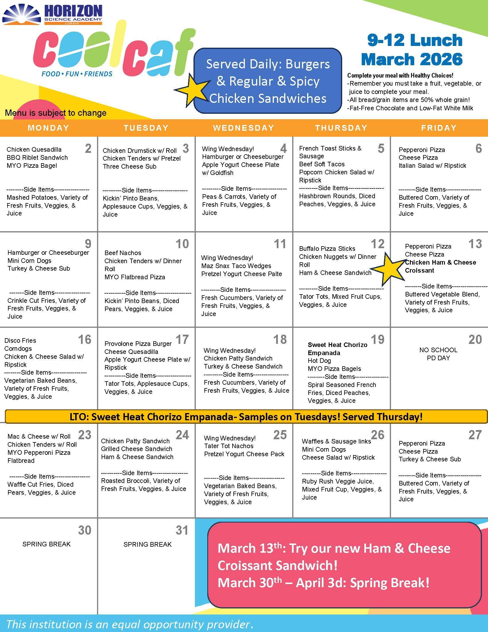 HSA West 9-12 Lunch Menu March 2026