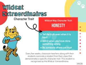 Wildcat Extraordinaires for honesty with student name and pictures