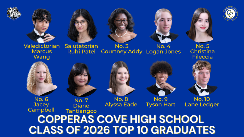 Top 10 graduates of Copperas Cove High School with names and positions.