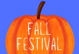 Graphic of an orange painted pumpkin on a blue background. White text reads "fall festival".