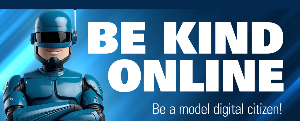 A friendly robot encouraging kindness and good digital citizenship online.