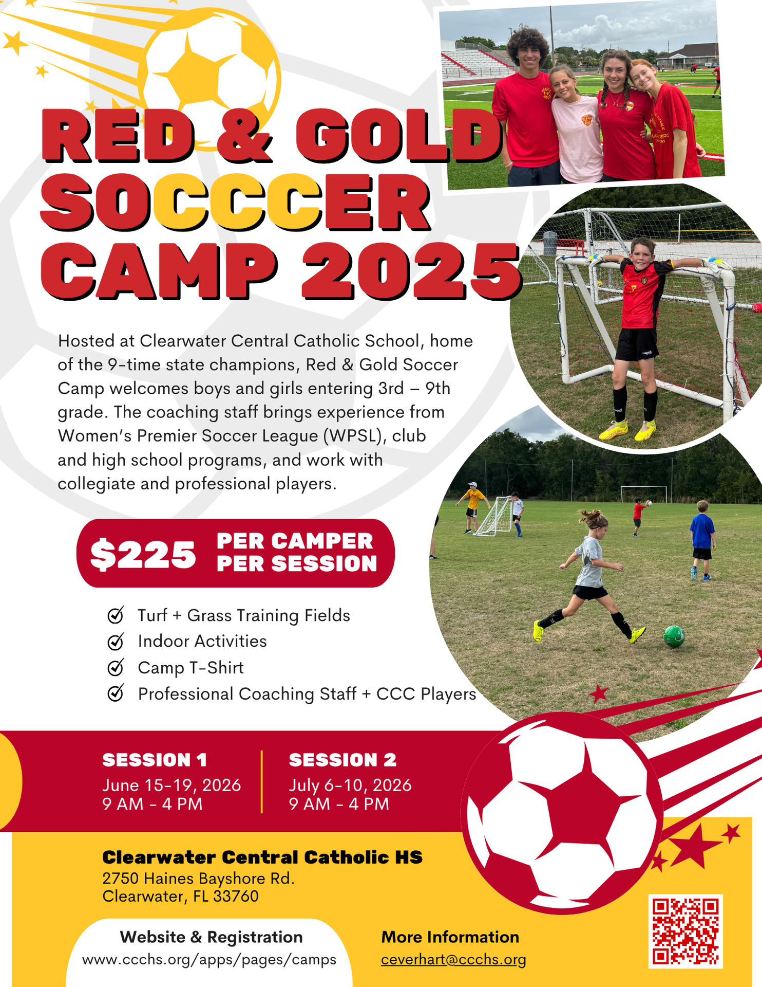 informational flyer for soccer camp with kids smiling on soccer field