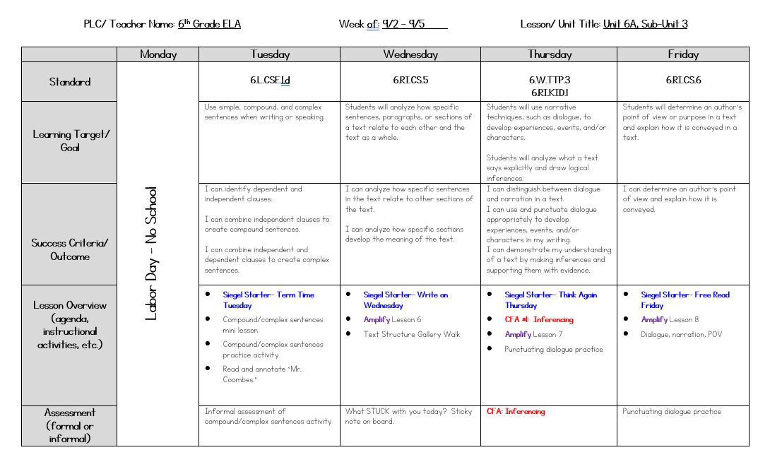 ELA Lesson Plans Sept 2 - 5