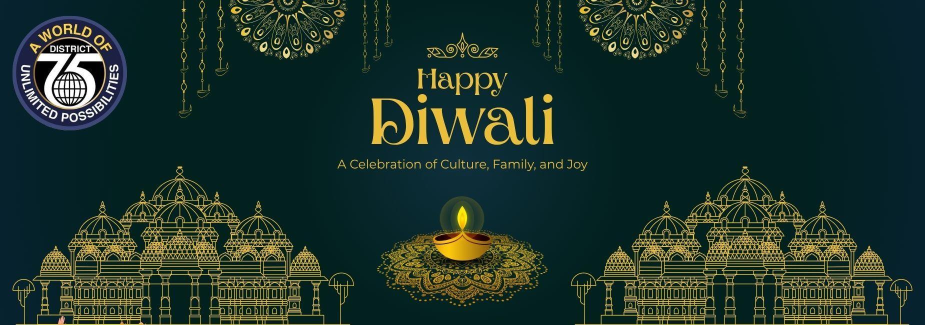 Elegant Diwali greeting with ornate designs, a decorative lamp, and festive text.