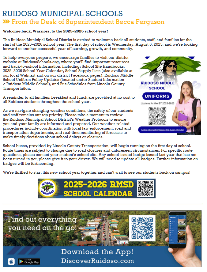 Newsletter from Ruidoso Municipal Schools highlighting events, updates, and contact info.