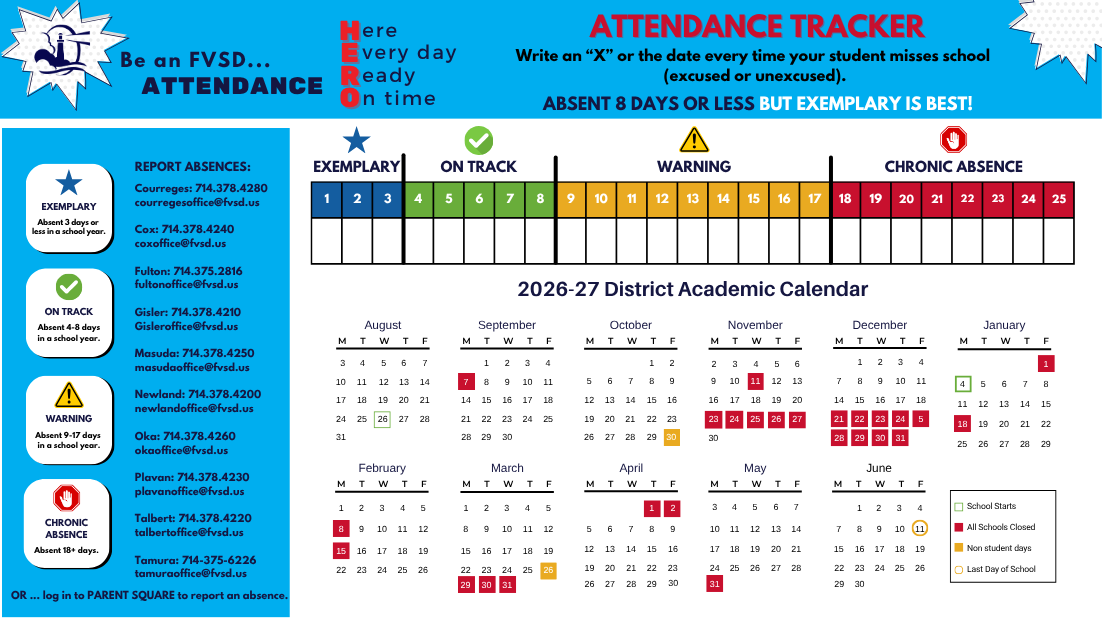 Attendance tracker with calendar and guidelines for absence reporting.