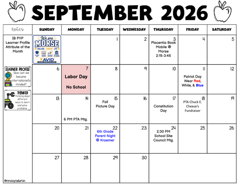 September 2026 Calendar Highlights