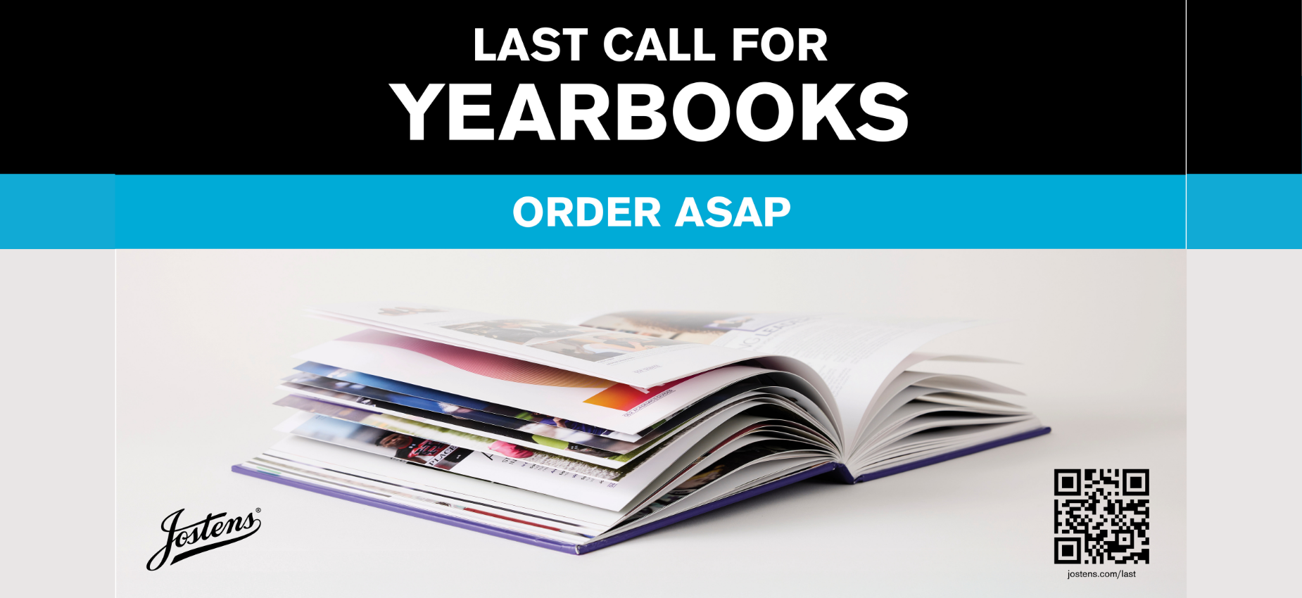 Open yearbooks stacked with a call to order ASAP.
