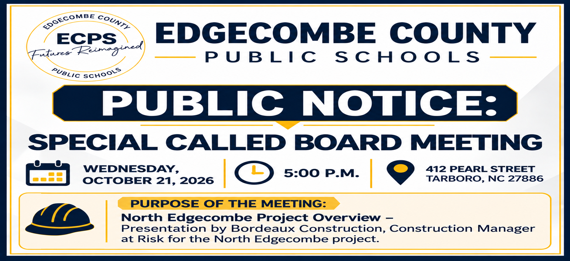 Announcement for a public board meeting with details and a construction hat icon.