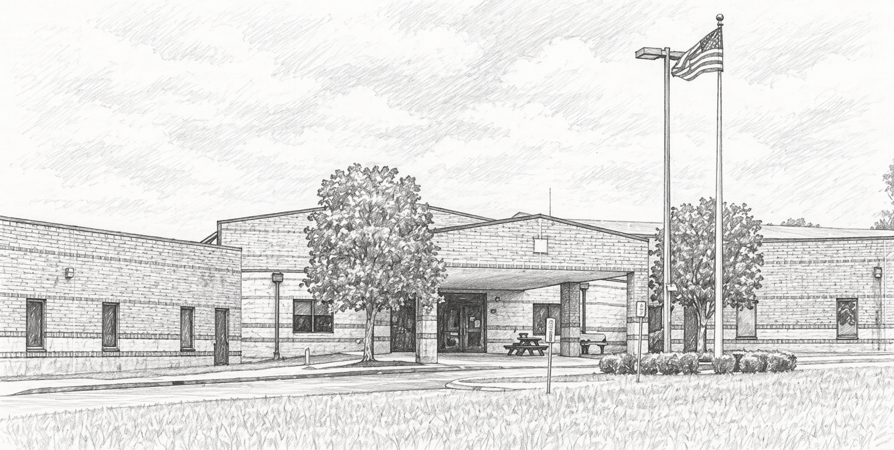 Pencil sketch of Castle Heights School front facade