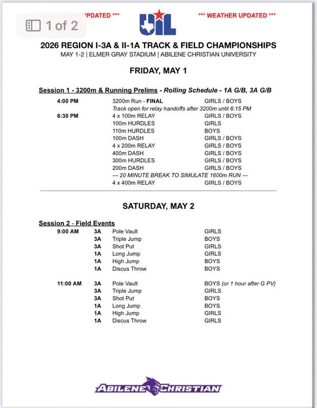 Regional Track Schedule Sessions 1 & 2