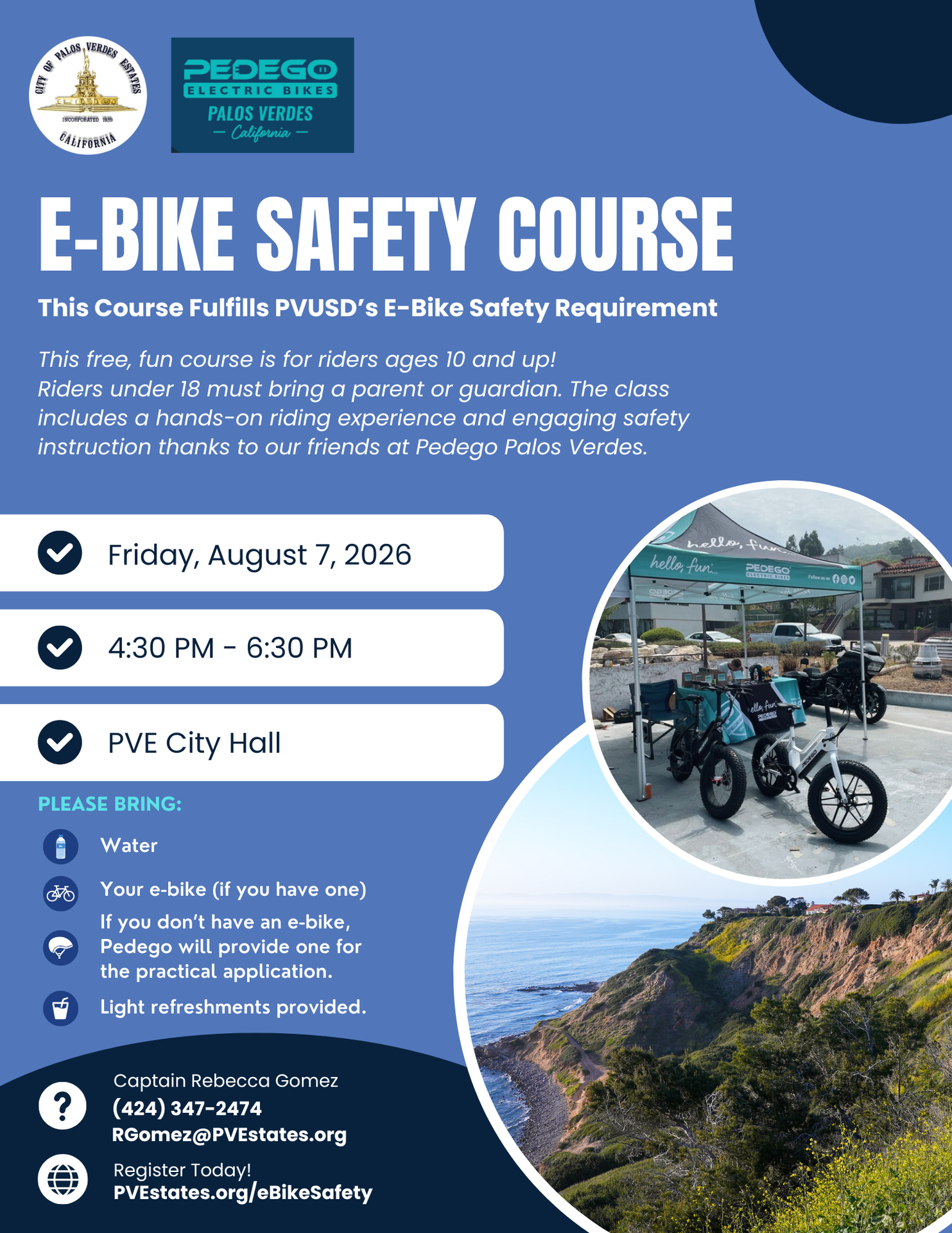 E-Bike Safety Course Flyer - August 7, 2026, 4:30pm - 6:30pm, PVE City Hall