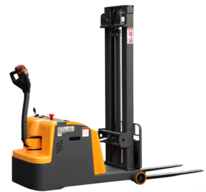 A gold and black electric walk-behind forklift