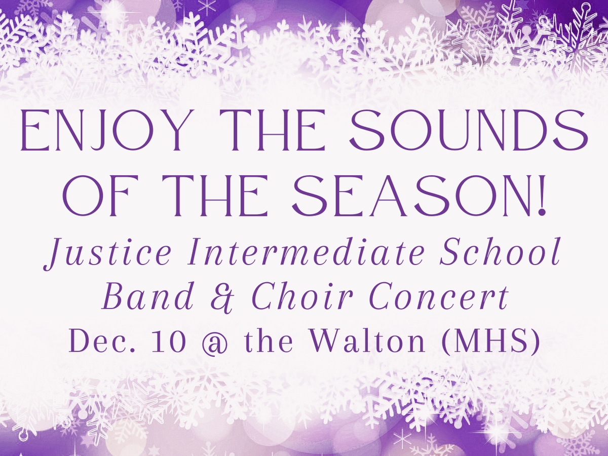 promo graphic - Justice Intermediate holiday band and choir concert 2025