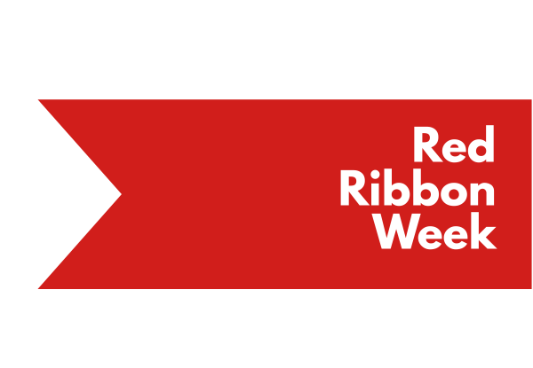 Graphic of red ribbon on white background. Text reads "Red Ribbon Week".