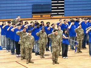 Cadets in formation during pass-in-review ceremony