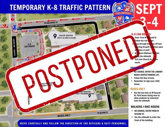 The City of PC has notified us that the paving project will be delayed. We will use our normal traffic pattern at the K8 building on September 3-4.