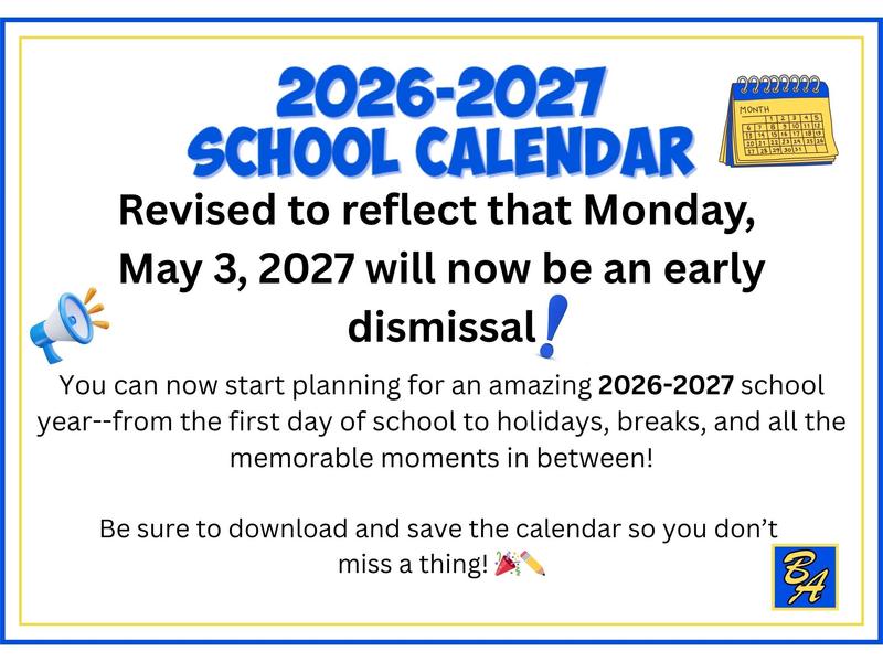 Colorful school calendar announcement for the 2026-2027 year.