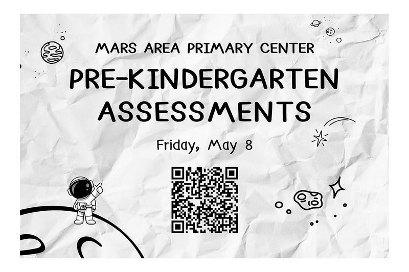A crumpled flyer for pre-kindergarten assessments with illustrations and a QR code.