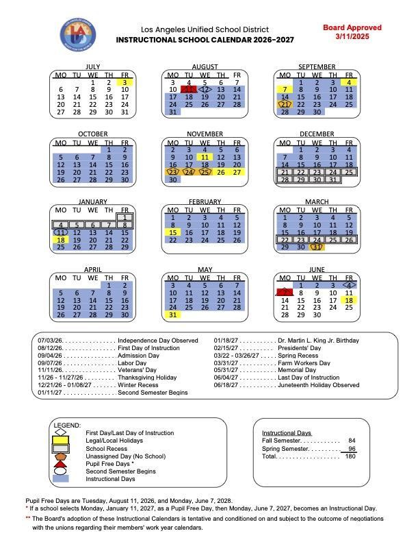 LAUSD 26-27 school Calendar