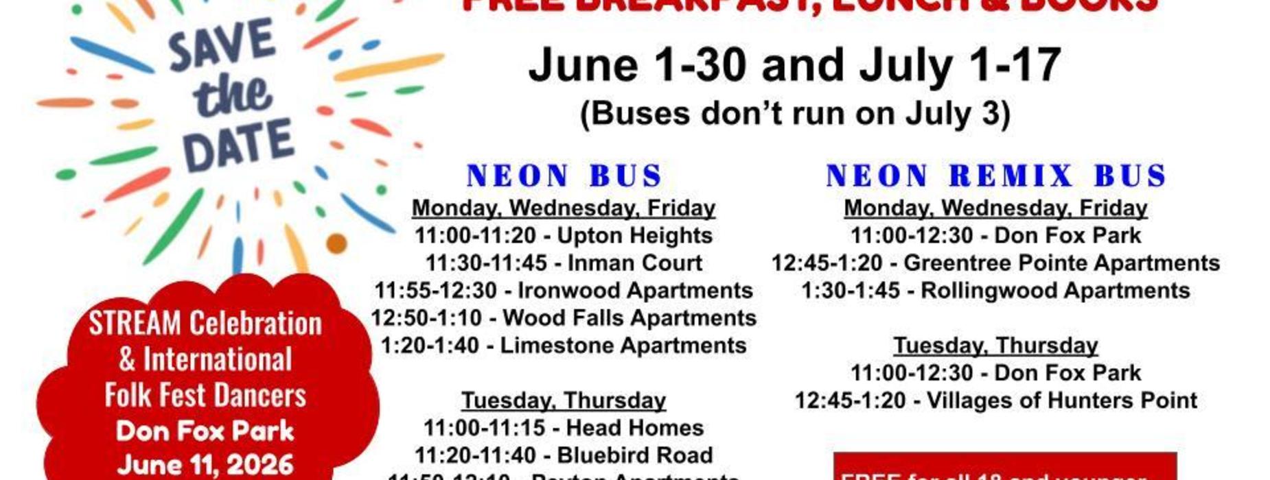 Event flyer detailing free breakfast, lunch, and bus schedule.