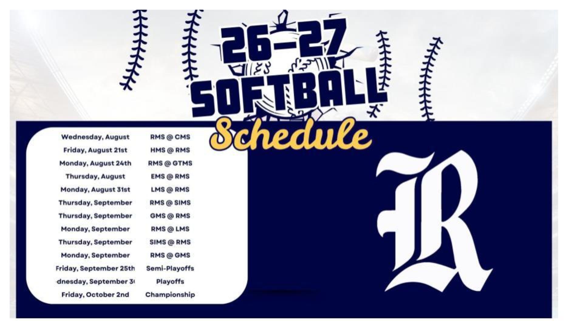 Softball schedule with dates and matchups, featuring team logos and colors.