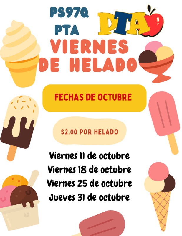 White back ground with dates of ice cream Friday in Spanish