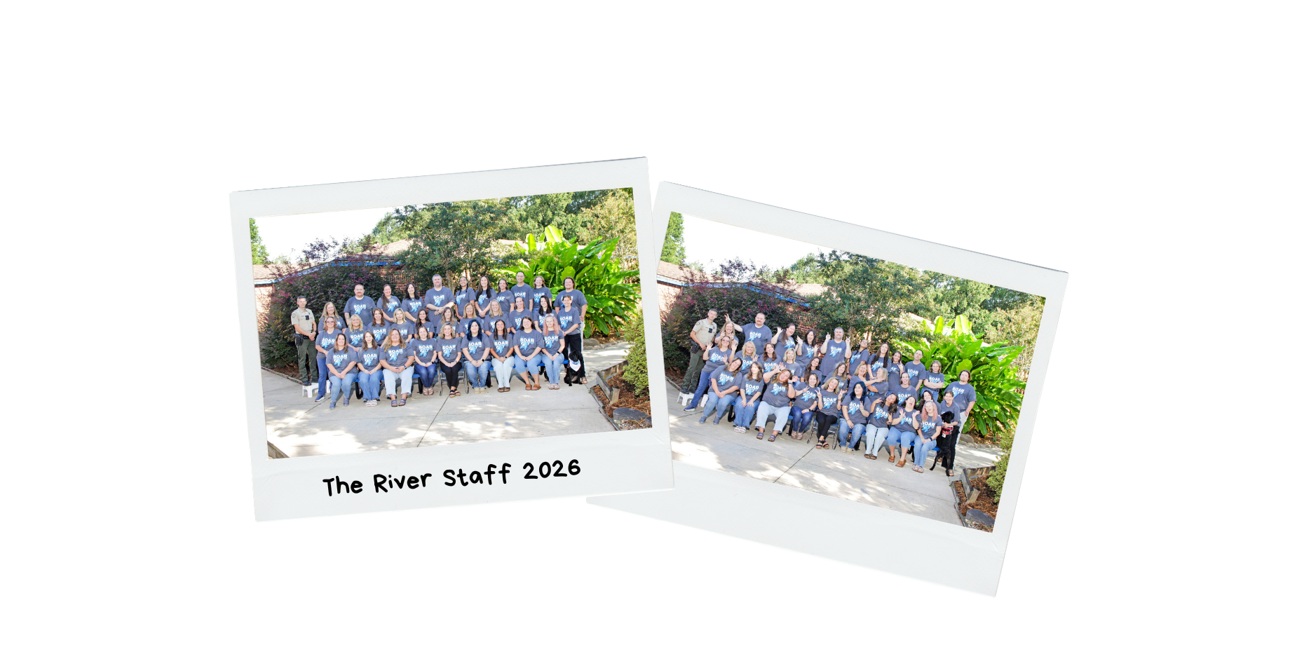Group of smiling staff members in casual outfits, posed outdoors with greenery.