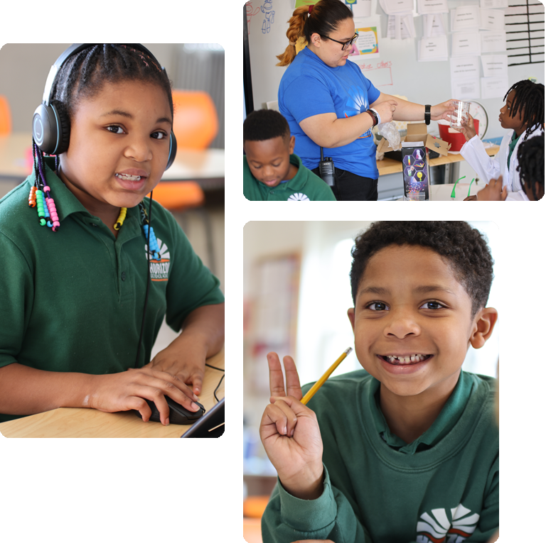 Students engaged in learning and interacting in a classroom collage
