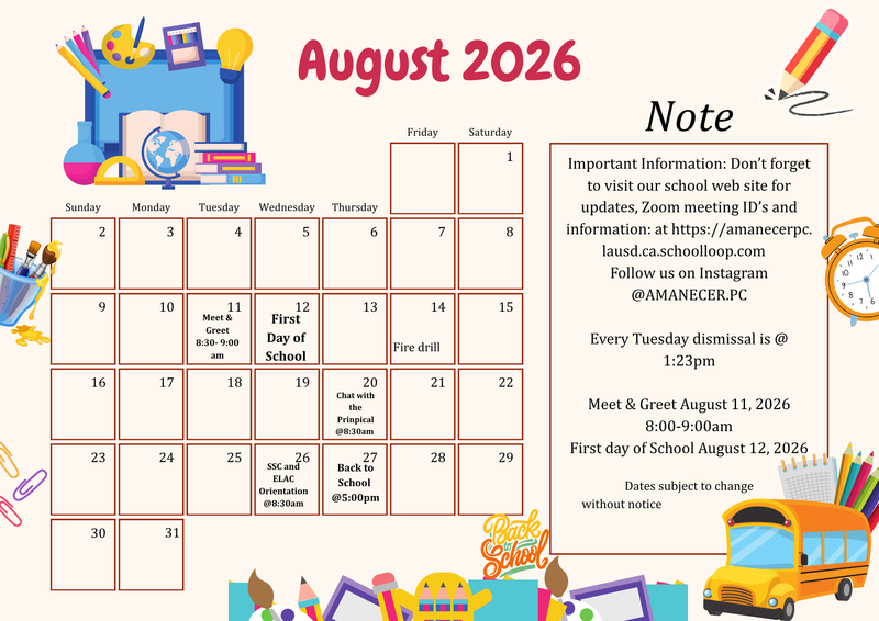 August Calendar English