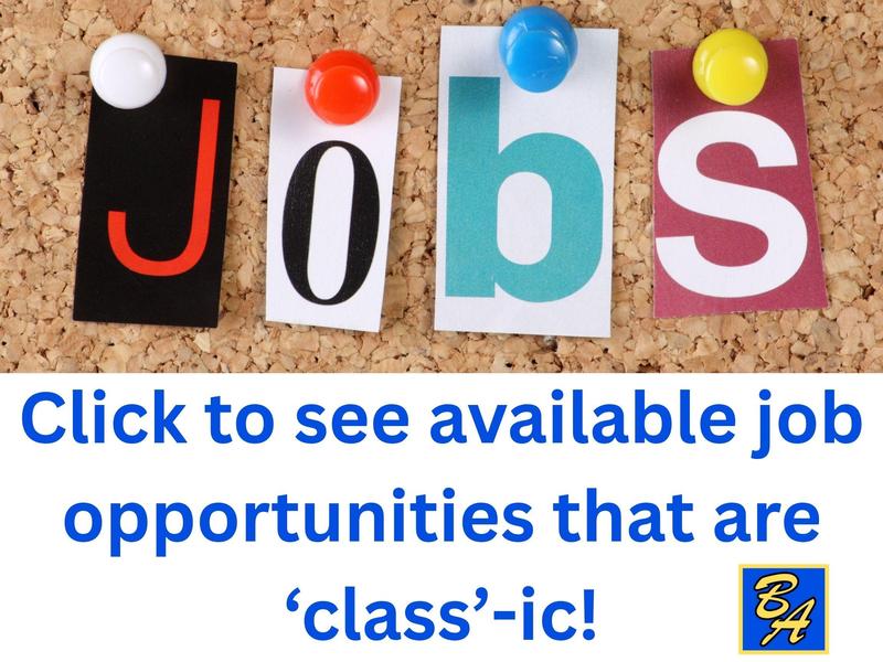 Colorful letters spelling 'Jobs' pinned on a corkboard with a playful message below.