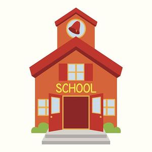 Red schoolhouse with a bell, featuring large doors and windows.