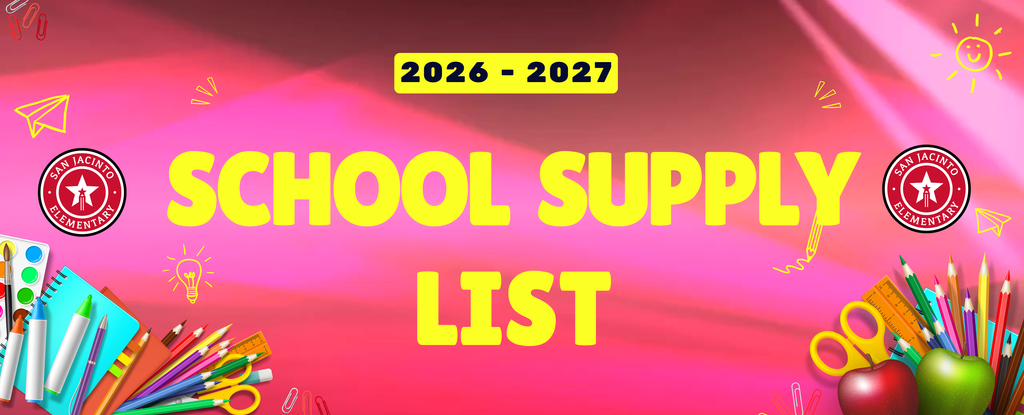 Colorful school supply list for the 2026-2027 academic year.