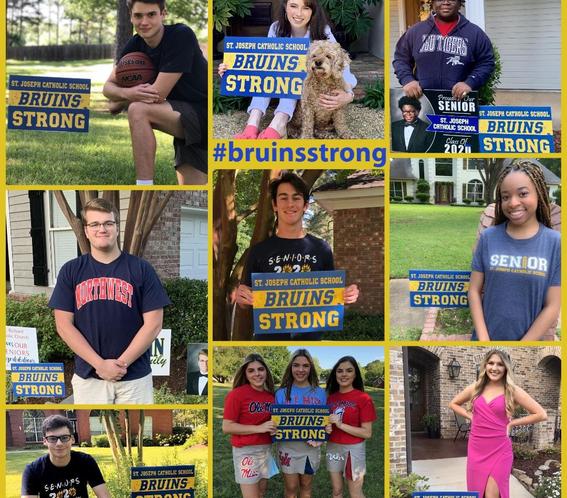 collage of students posing by Bruins Strong yard signs