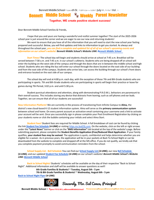Parent News Letter Vol 1 7/23/25