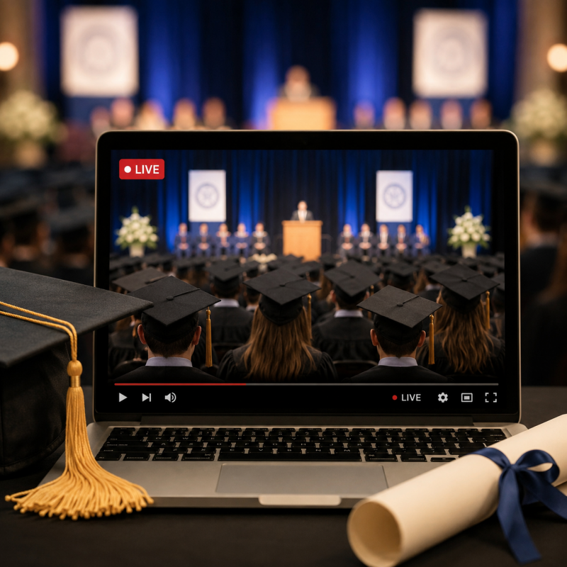 A laptop shows a live-streamed graduation ceremony, with a graduation cap and rolled diploma on the desk in front of it.