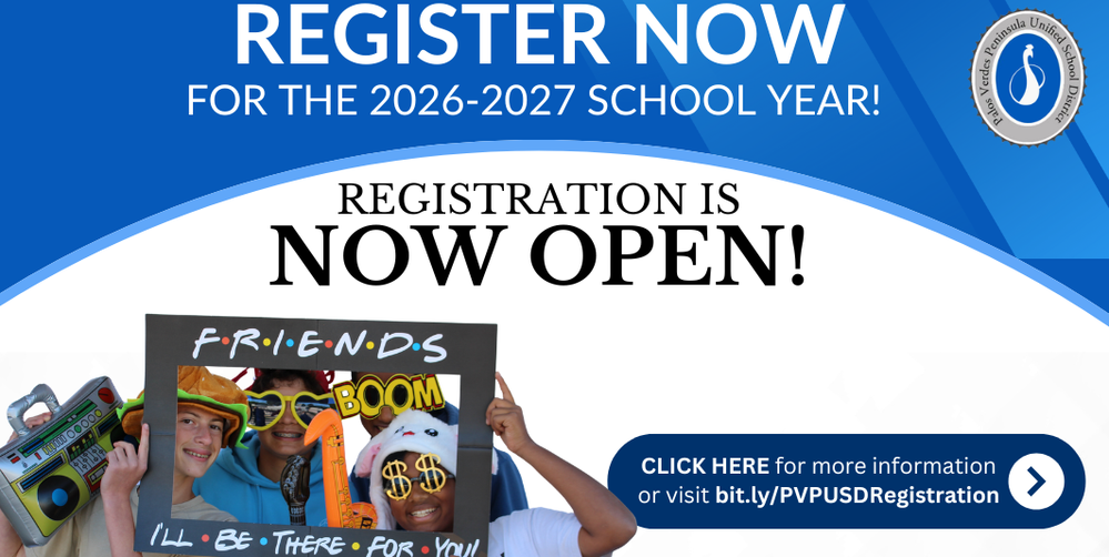 Call to register for the 2026-2027 school year with students holding a sign.