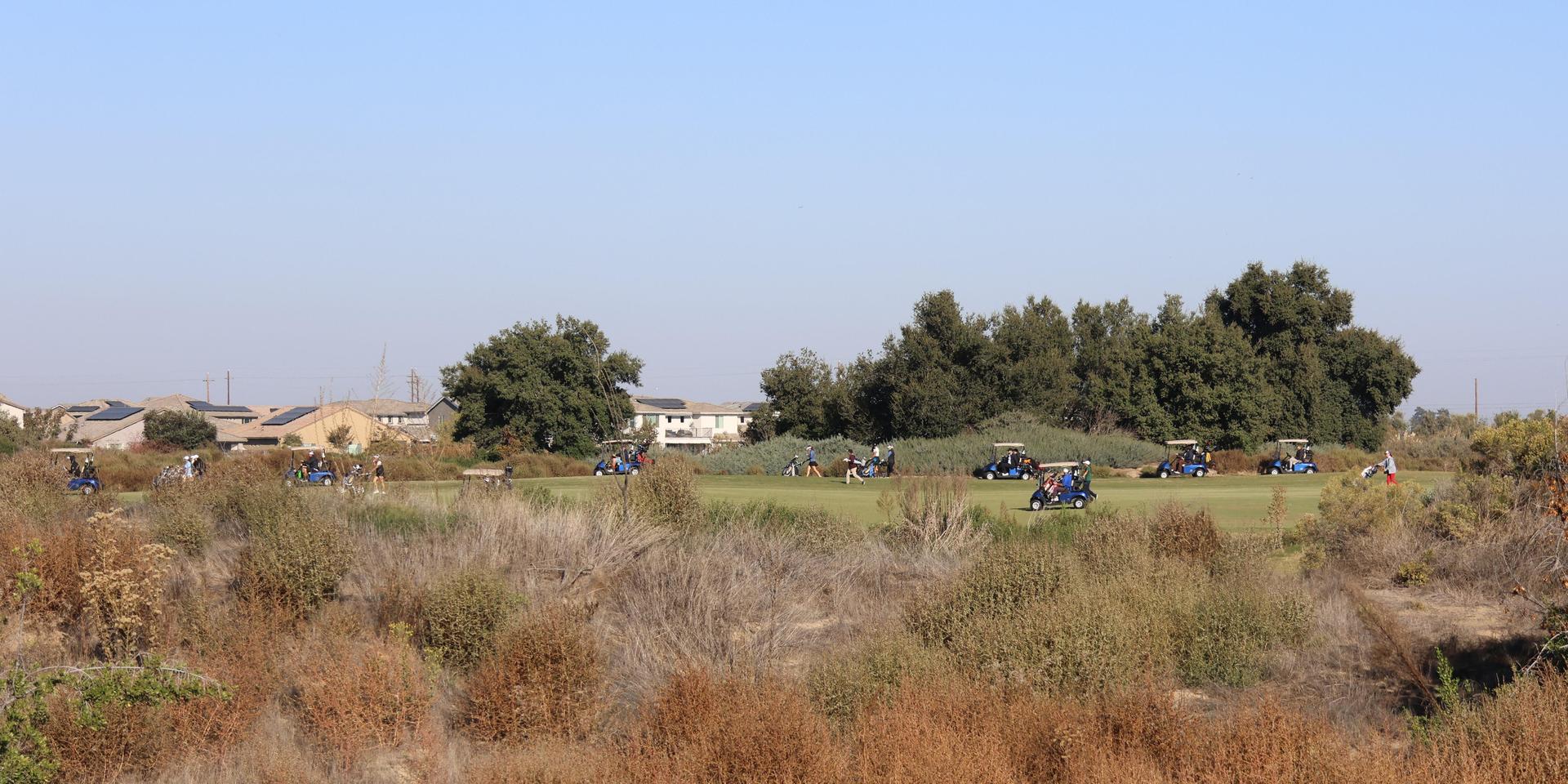 golfers moving to their starting holes for the shotgun start