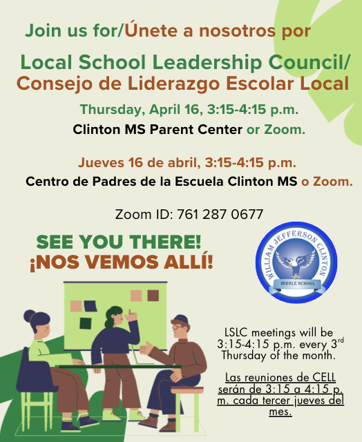 April 16, 2026 flyer for LSLC meeting 3:15-4:15 p.m. parent center