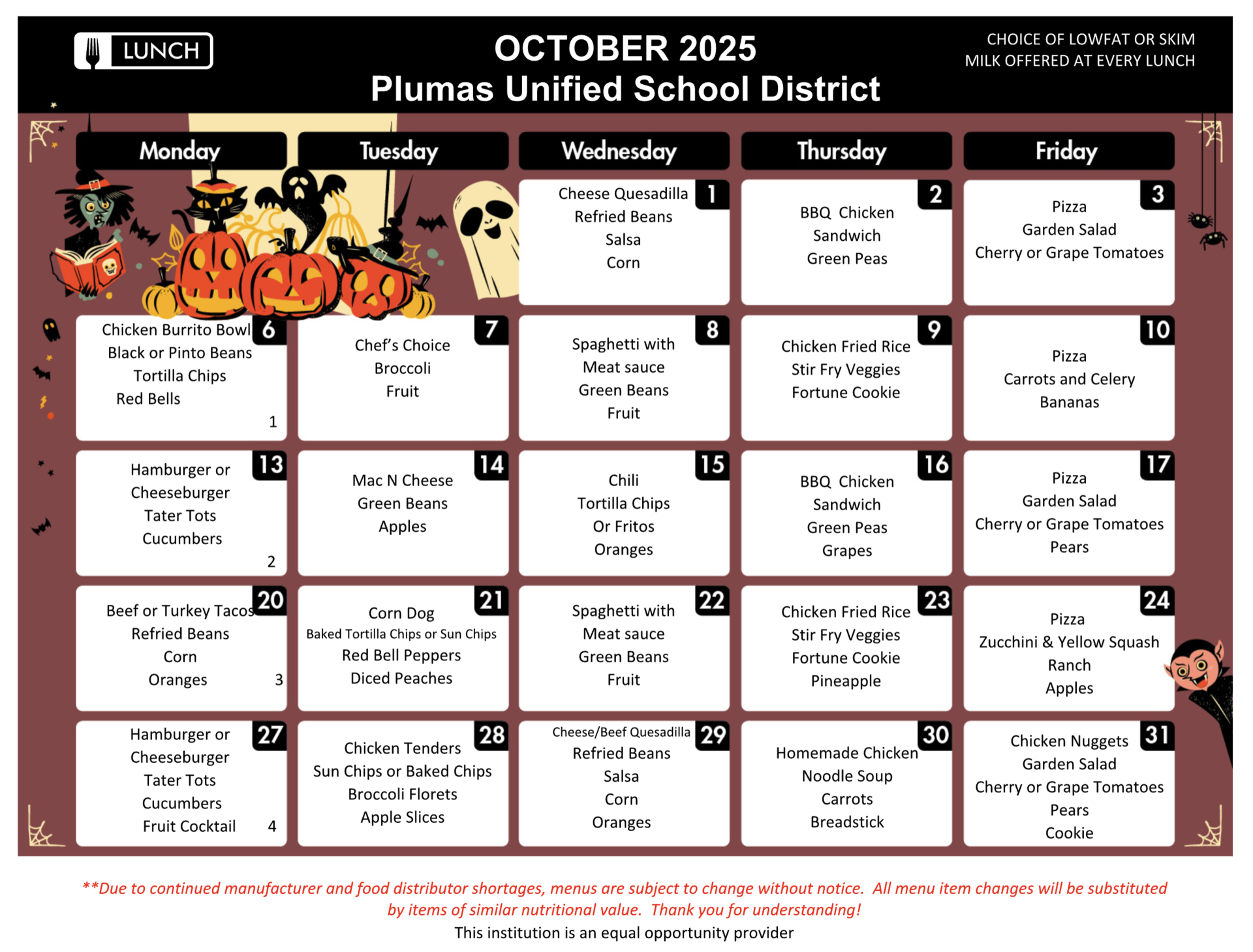 October 2025 Lunch menu