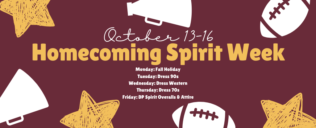 Banner for Homecoming Spirit Week with dates and dress themes.