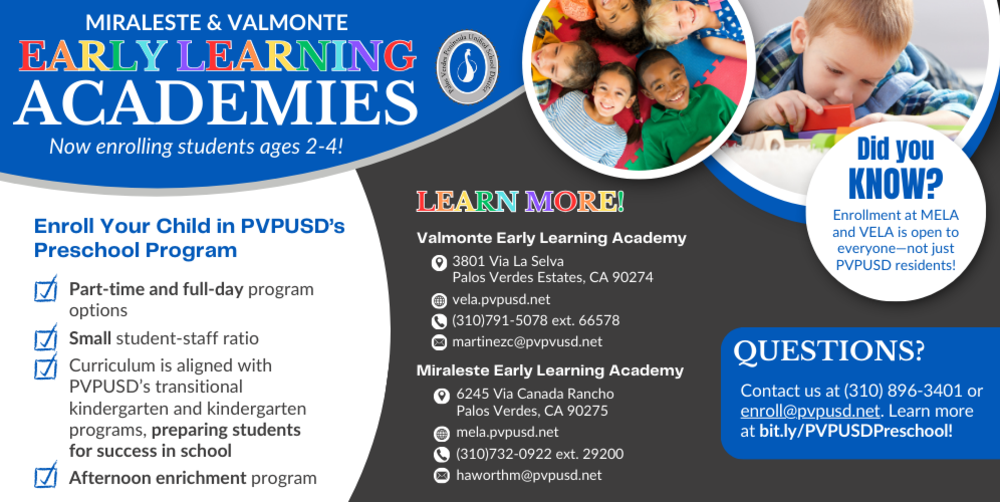 Information about early learning academies for children ages 2-4 in PVPSD.