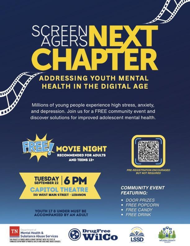 blue background with yellow font and QR code