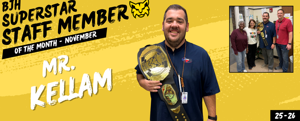 Mr. Kellam poses with a championship belt, celebrating his recognition as Staff Member of the Month, with a group photo beside him.