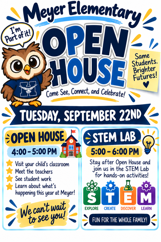 Owl mascot promoting the Open House event at Meyer Elementary on September 22nd.