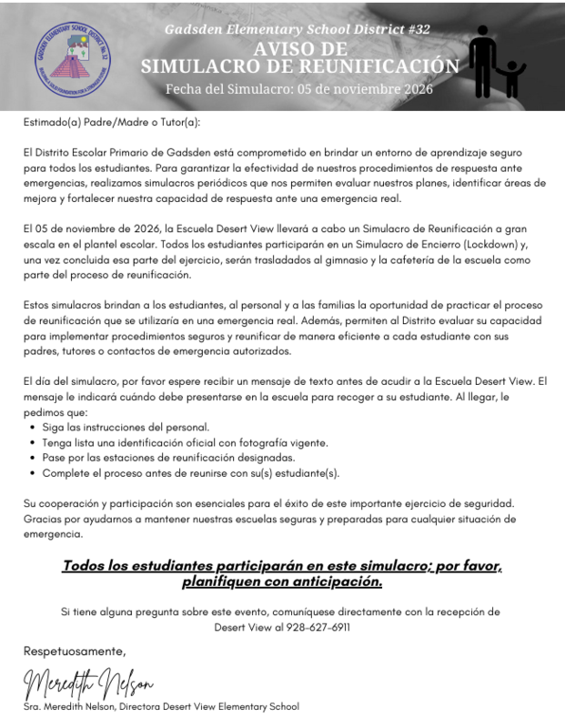 Reunification Drill Information~ Spanish