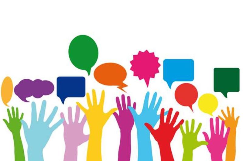 raised hands with quote boxes