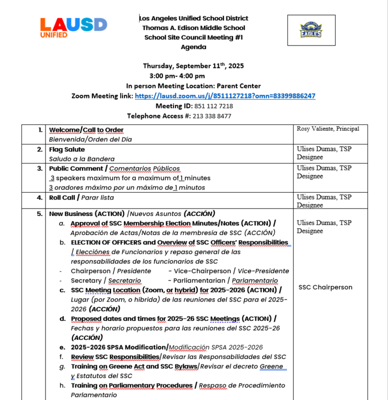 School Site Council Meeting #1 Agenda