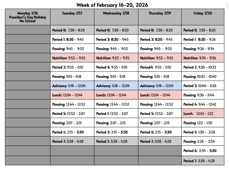 Bell Schedule for 2/16