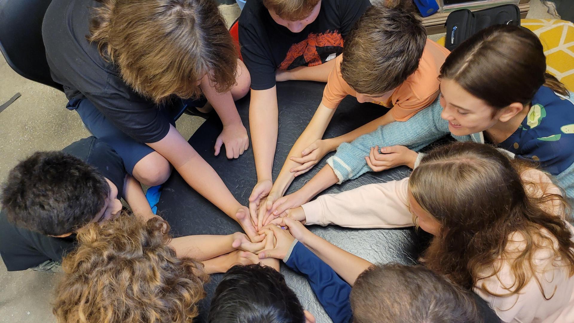 A group of students, arms outstretched, linking hands in the center